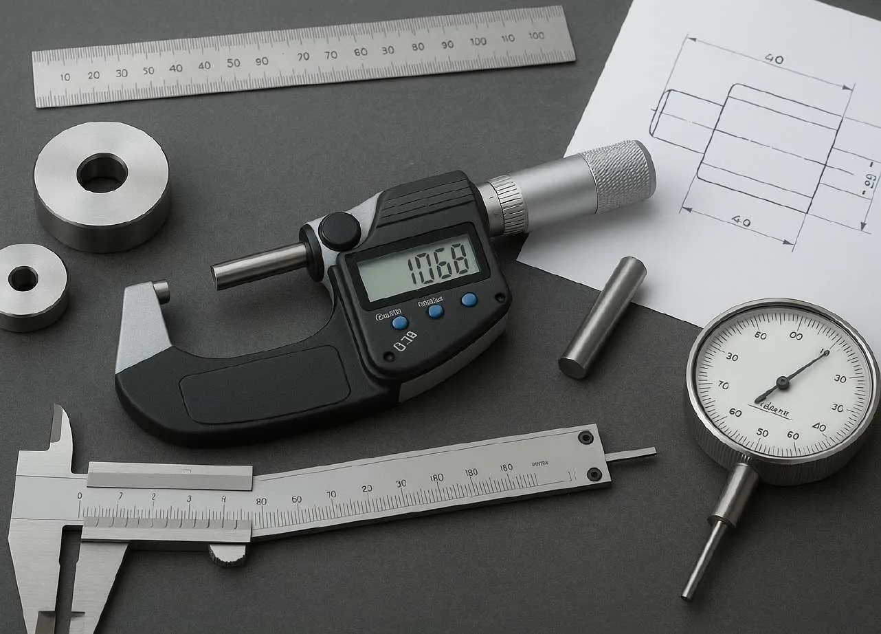 Instruments de mesure : micromètre numérique, pied à coulisse et comparateur sur un plan technique